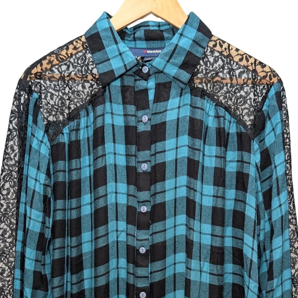 Western Boho Vibe Blue Black Plaid Lace Yoke Long Sleeve Button Up Shirt 14W